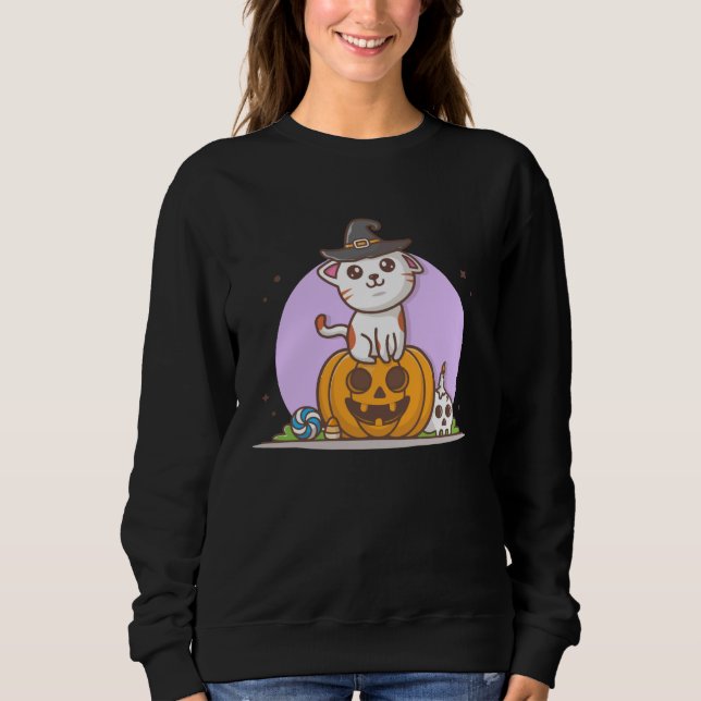 Sweatshirt Cute Cat in Witches Hat on Pumpkin with Candy  Hal (Devant)