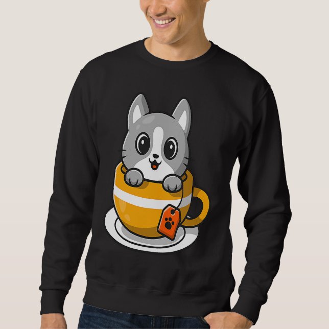 Sweatshirt Cute Cat Kitty in a coffee or tea cup (Devant)