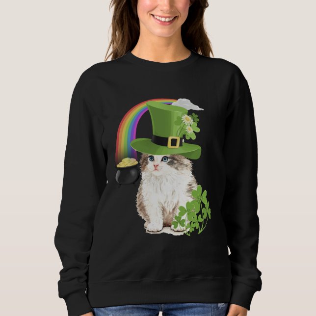 Sweatshirt Cute Cat  St Patricks Day Shamrock Rainbow Patty K (Devant)