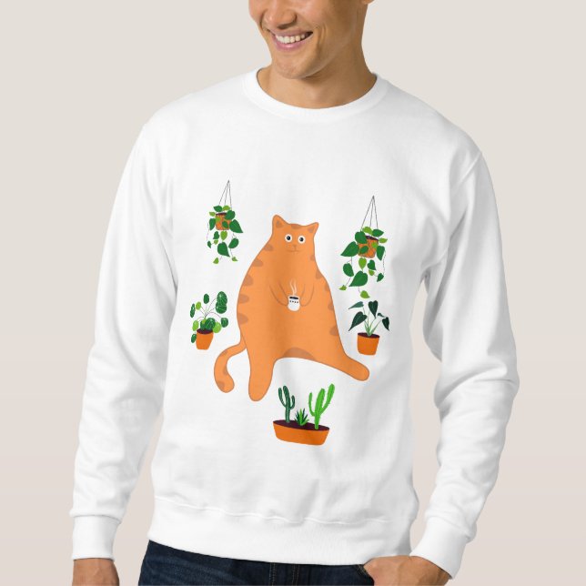 Sweatshirt Cute Chat Orange Avec Plante, Mignonne Cadeau Chat (Devant)