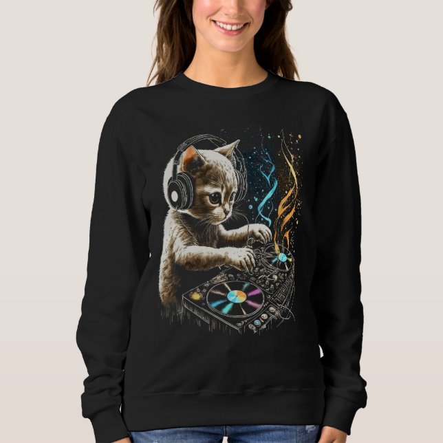 Sweatshirt Cute DJ Cat Spinning Feline Grooves (Devant)
