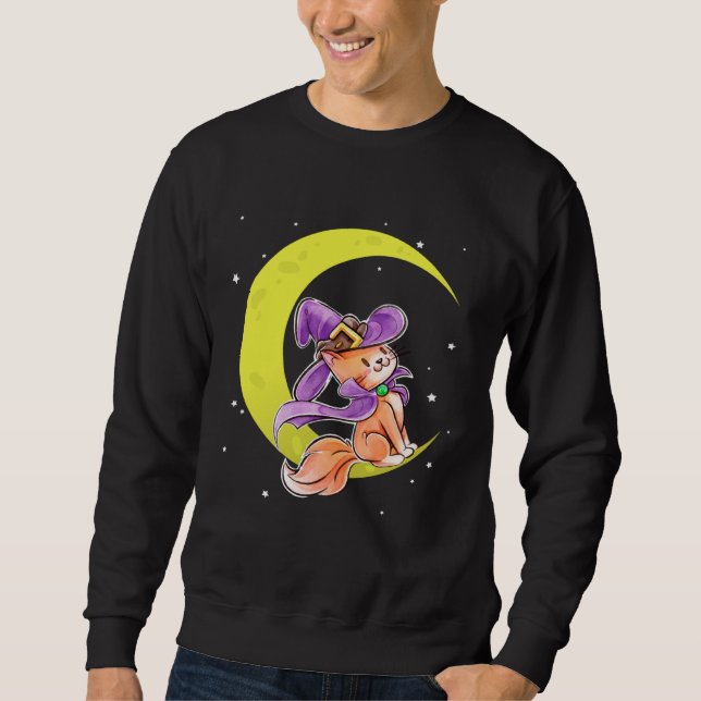 Sweatshirt Cute Halloween Cat Costume Witch Hat and Moon (Devant)