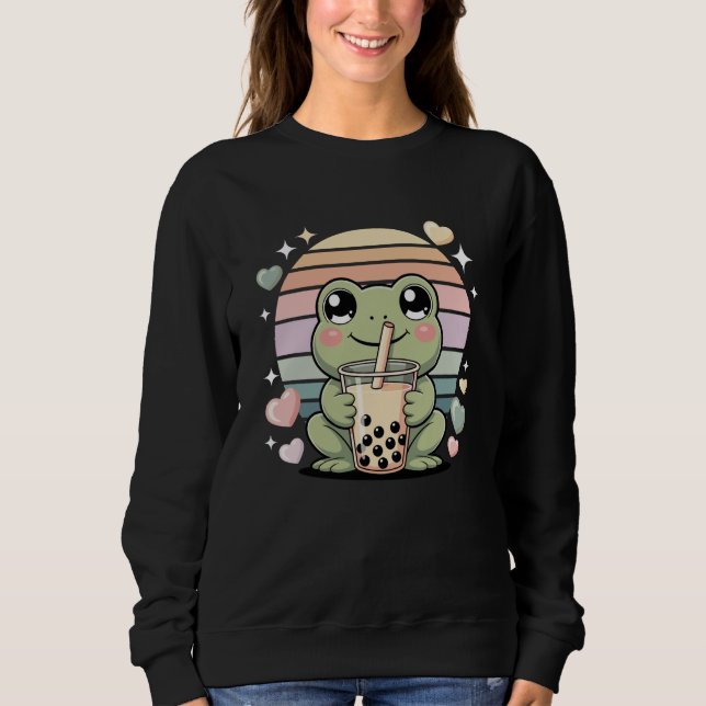 Sweatshirt Cute Kawaii Frog Bubble Tea Lover Pastel Hearts (Devant)