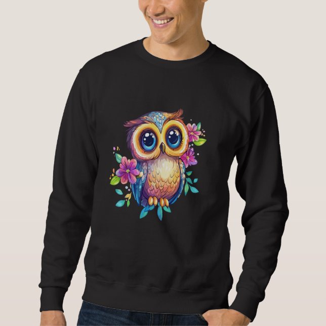 Sweatshirt Cute Pastel Owl with Flowers Big Eyes Boho Nature (Devant)