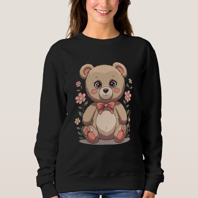 Sweatshirt Cute Teddy Bear with Bow Tie and Pastel Flowers (Devant)
