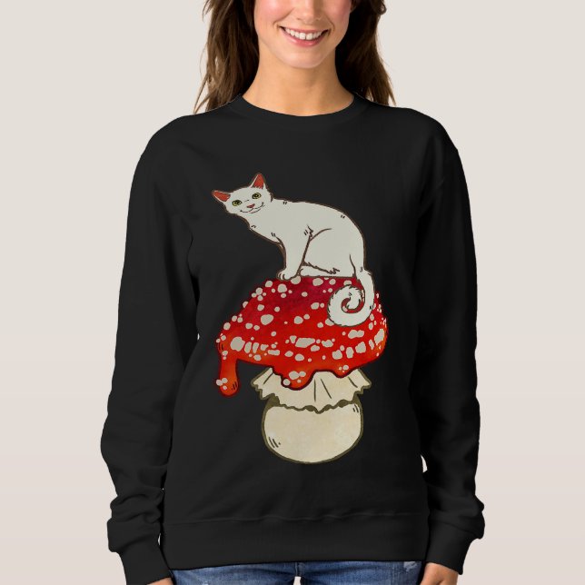 Sweatshirt Cute White Cat Sitting on Red Spotted Mushroom (Devant)