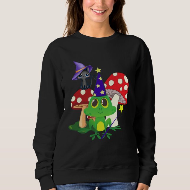 Sweatshirt Cute Wizard Frog and Witch Black Cat Mushrooms Hal (Devant)