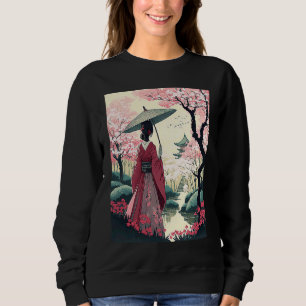 Sweatshirt Dame japonaise avec parapluie Pagoda cerise en fle