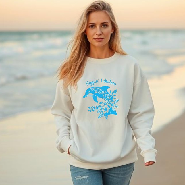 Sweatshirt Dauphin hawaïen Flippin' Fabial bleu clair (Hawaiian Dolphin Tropical Flowers, Fisherman Trending Fashion, Islander, Summer, Beach, Woman)