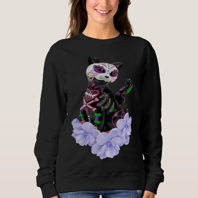 Sweatshirt Day Of The Dead Sugar Skull Cat Purple Flowers (Devant)