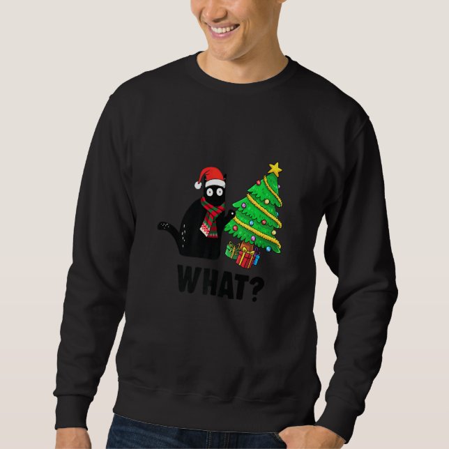 Sweatshirt Drôle cadeau de chat noir Poussant l'arbre de Noël (Devant)