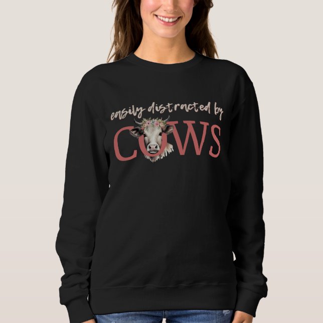 Sweatshirt Drôle FACILEMENT DISTRAIT PAR LES VACHES Vintage F (Devant)