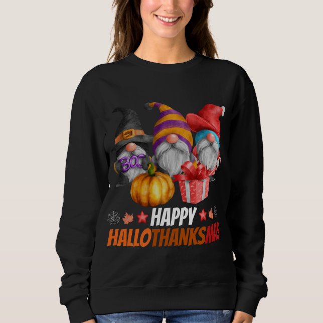 Sweatshirt Drôle Hallothanksmas Gnomes Hallothanksmas Happy (Devant)