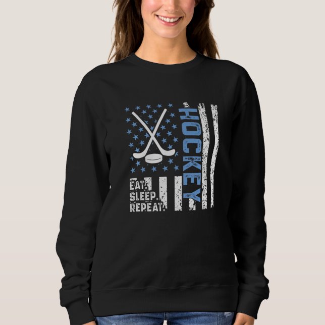 Sweatshirt Eat Sleep Hockey Repeat US Flag Retro Funny Hockey (Devant)