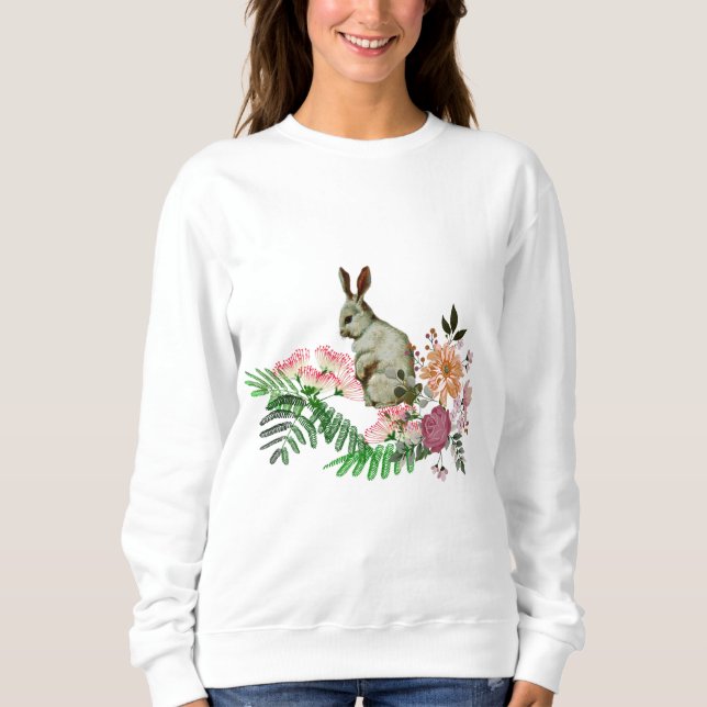 Sweatshirt Elégant Aquarelle Verdure Floral Lapin de Pâques (Devant)