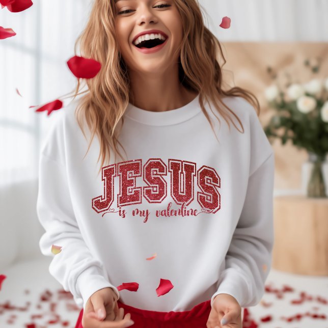 Sweatshirt Élégant Jésus Est Mon Saint Valentin Rouge Faux Se (Stylish Jesus Is My Valentine Red Faux Sequin Sweatshirt)