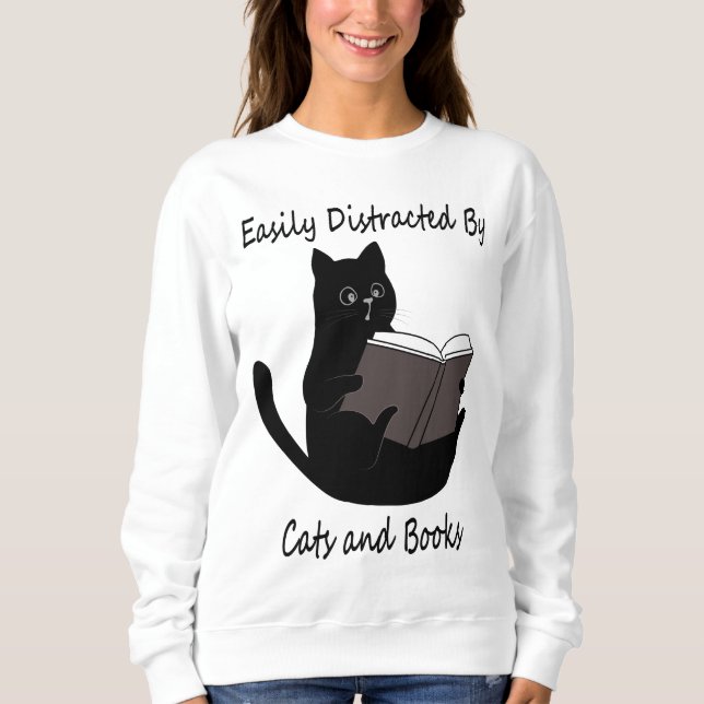 Sweatshirt Facilement Distrait Par Les Chats Et Les Livres, J (Devant)
