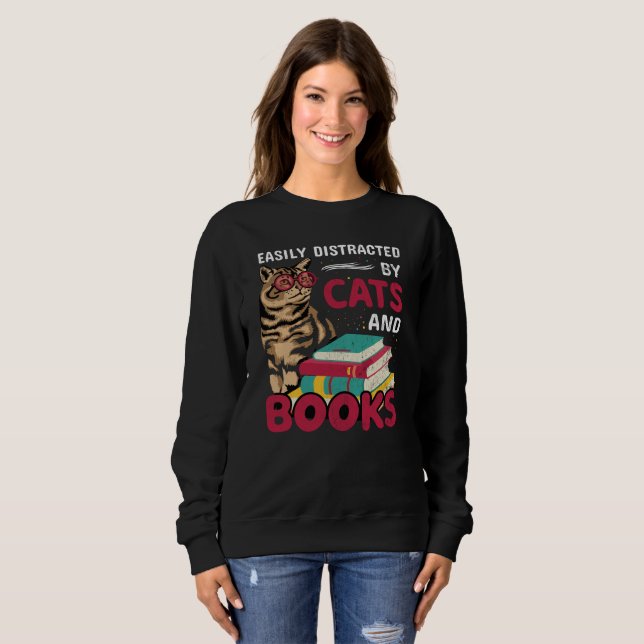Sweatshirt Facilement Distrait Par Les Chats Et Les Livres Mi (Devant entier)