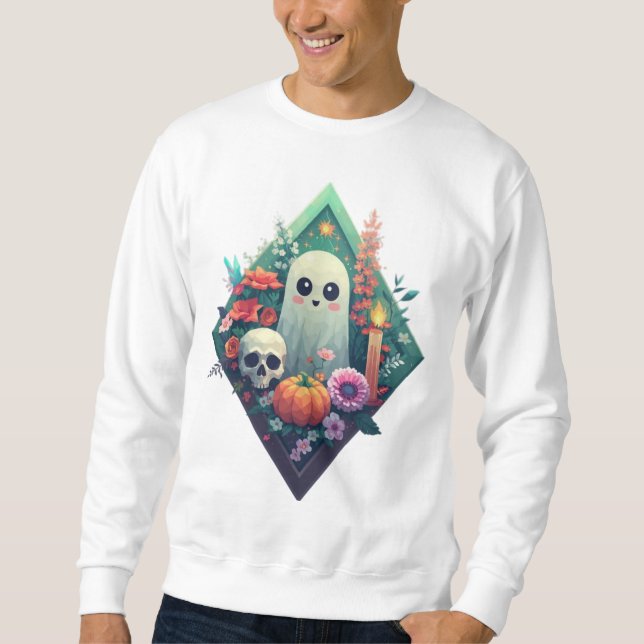 Sweatshirt Fantôme floral avec citrouille crâne et bougie (Devant)