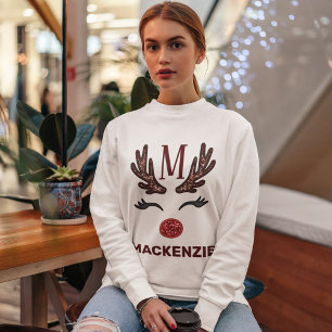 Sweatshirt Faux Broderie Femme Reindeer Xmas Nom du monogramm