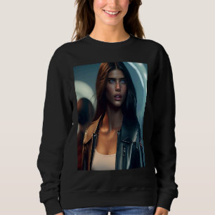 Sweatshirt Femme portant une veste de moto en cuir noir Look