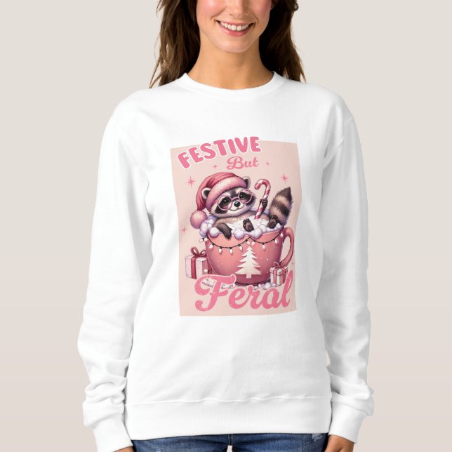 Sweatshirt Festif mais Feral Raccoon rose Noël (Devant)