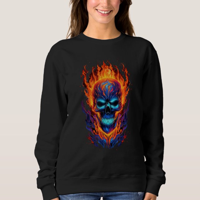 Sweatshirt Flaming Skull Red Orange & Blue Cool Skeleton Skul (Devant)