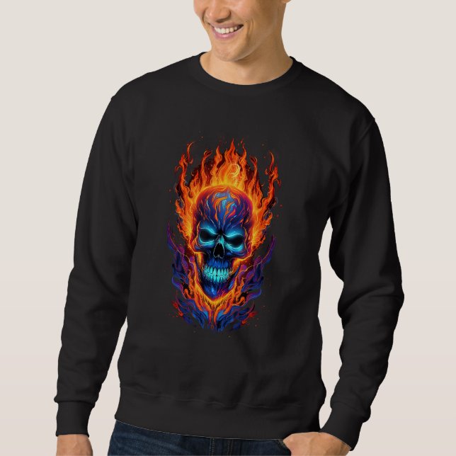 Sweatshirt Flaming Skull Red Orange & Blue Cool Skeleton Skul (Devant)