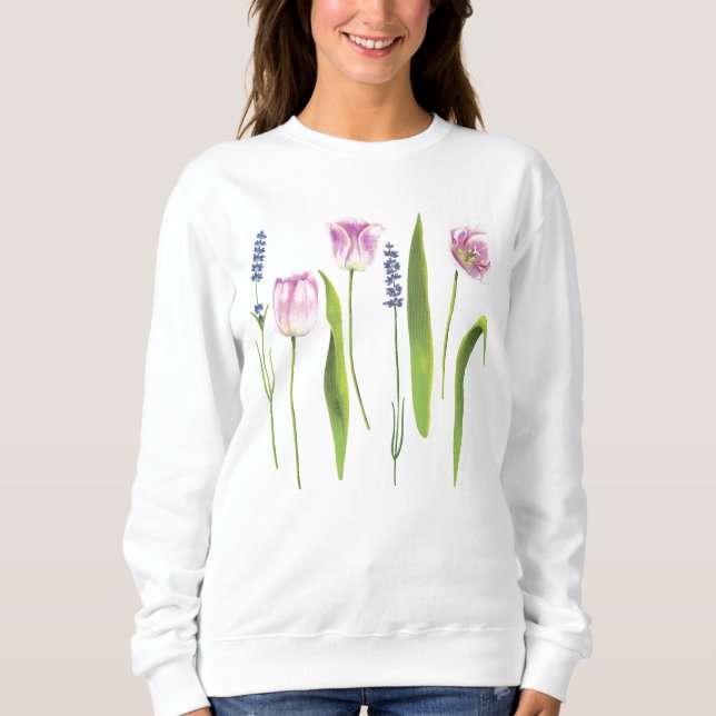 Sweatshirt Fleurs de lavande de tulipes roses florales | Vaca (Devant)