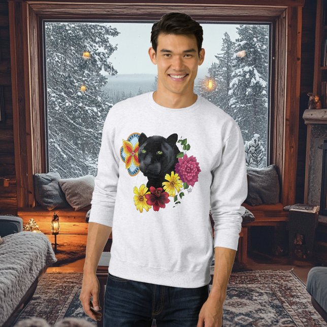 Sweatshirt Fleurs de Portrait Jaguar Noir (Créateur téléchargé)