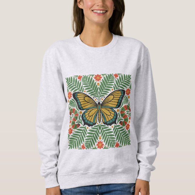 Sweatshirt Folk Art Butterfly with Ferns  (Devant)