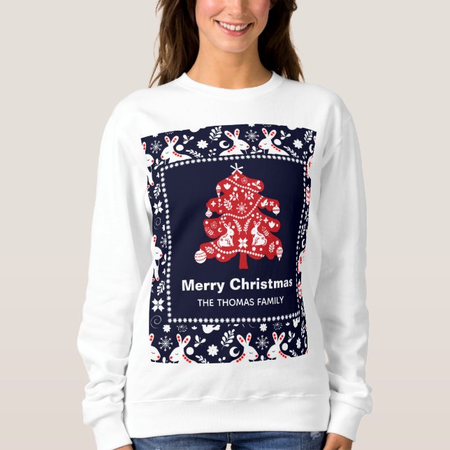 Sweatshirt Folk Navy Red Christmas Tree Bunny Floral (Devant)