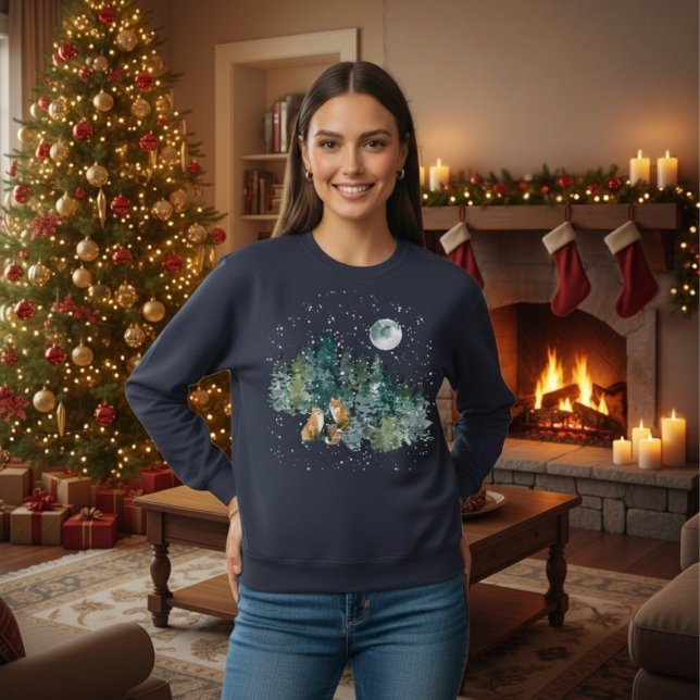 Sweatshirt Fox Family Forest Pleine lune Snowfall Holiday (Fox Family Forest Full Moon Snowfall Holiday Sweatshirt)