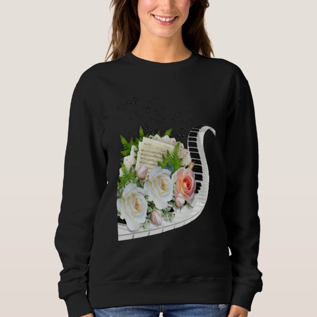 SWEATSHIRT FUN MUSIC ROSE PIANO MUSIC NOTES & FLOWERS CLUSTER (Devant)