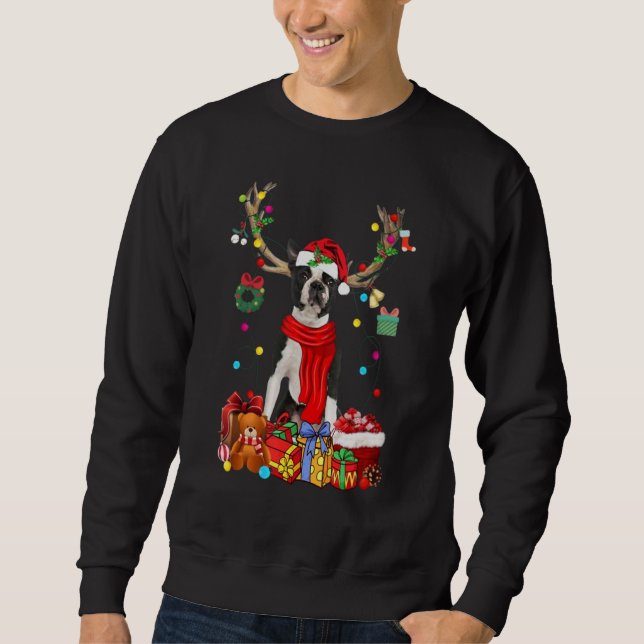 Sweatshirt Funny Boston Terrier Reindeer Gift Christmas Horn  (Devant)