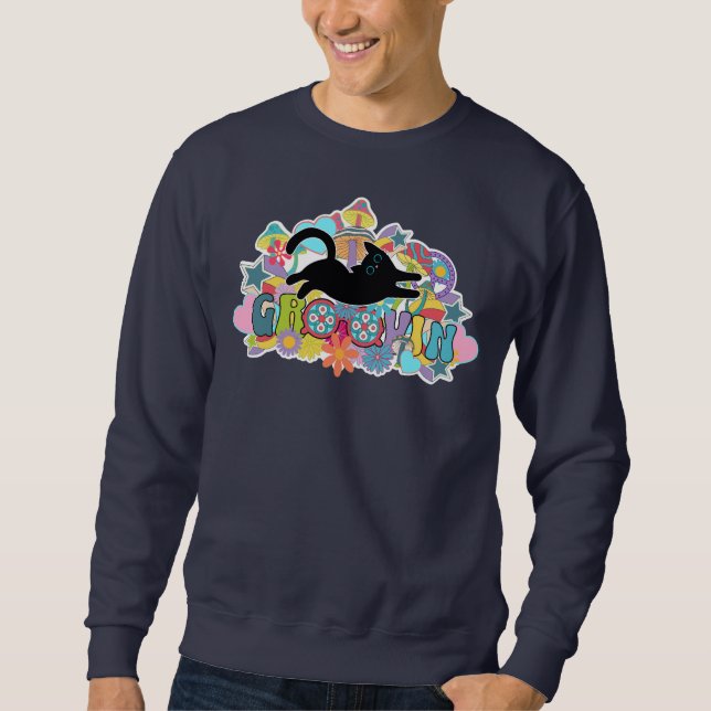 Sweatshirt Funny Retro Champignons Groovin Fleurs Chat Noir (Devant)