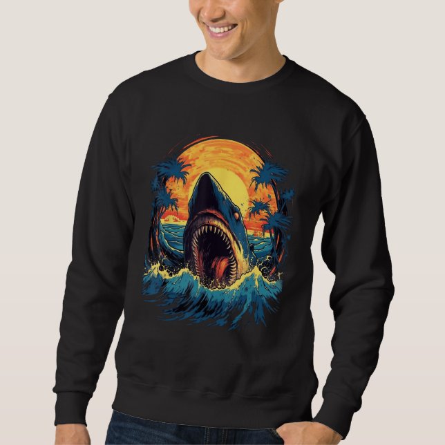 Sweatshirt Great White Shark Palm Trees Sunset Shark  Graphic (Devant)