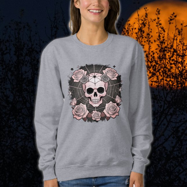 Sweatshirt Halloween Dusty Pink Skuls & Rose Éffrayant (Créateur téléchargé)