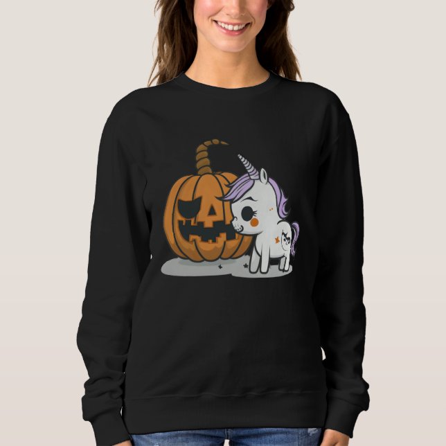 Sweatshirt Halloween pumpkin eats unicorn skeleton candy (Devant)