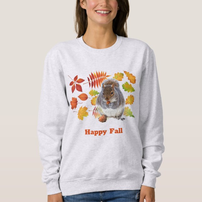 Sweatshirt Happy Fall Orange Feuilles et saison des écureuils (Devant)