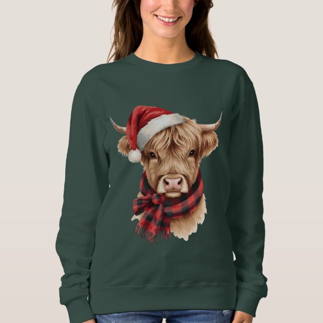 Sweatshirt Highland Cow Christmas Santa Hat (Devant)