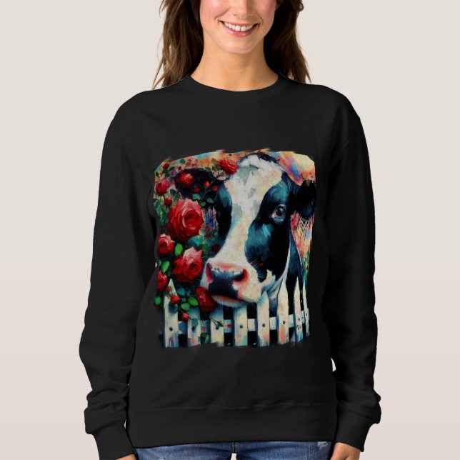 Sweatshirt Holstein Picket de vache clôture Roses rouges Noir (Devant)