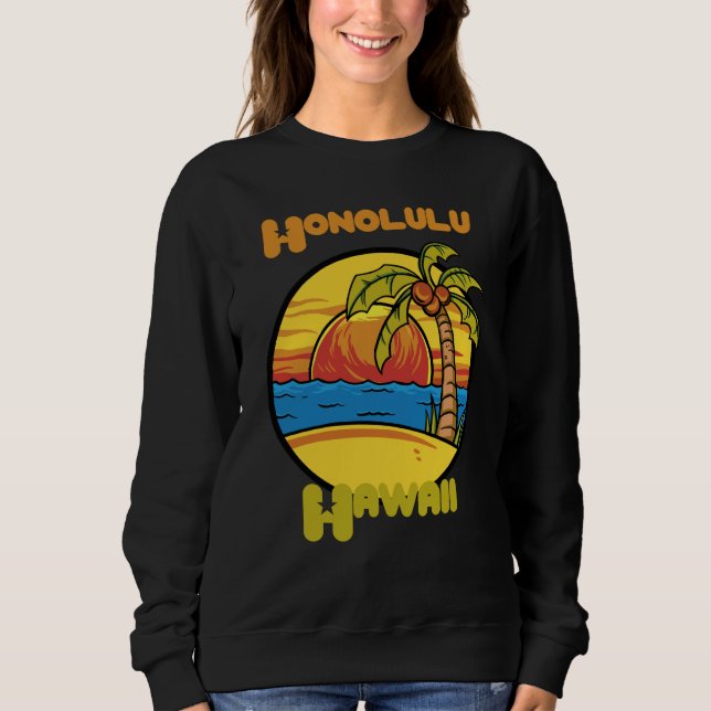 Sweatshirt Honolulu Sunset Vacation Hawaii Palm trees Ocean (Devant)