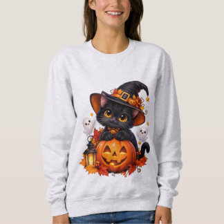 Sweatshirt Joli T-shirt de base Halloween Citrouille Chat Noi