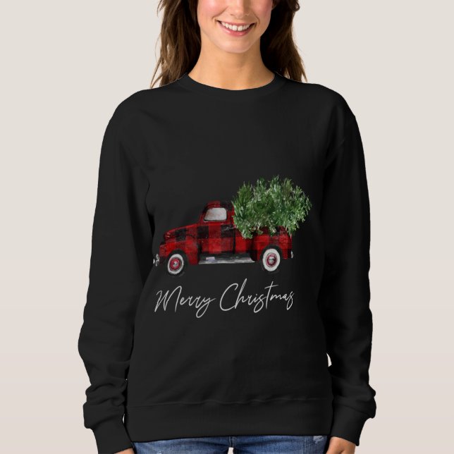 Sweatshirt Joyeux Buffalo de Noël Plaid Camion Arbre Rouge (Devant)