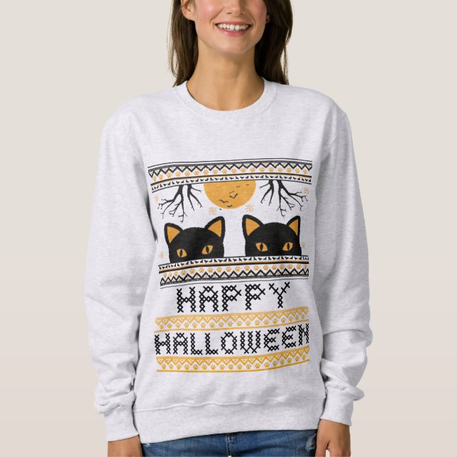 Sweatshirt Joyeux Halloween Chats Noirs Douceur moche Faux Kn (Devant)