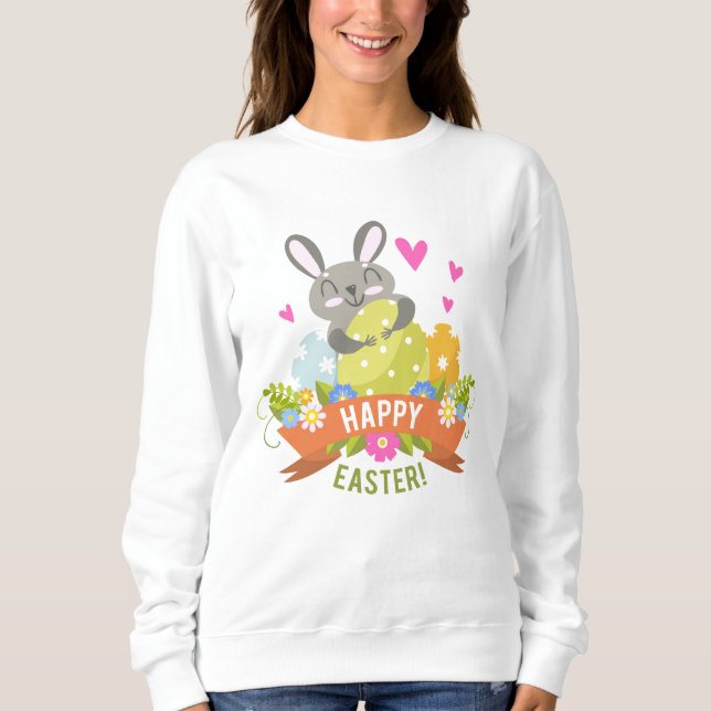 Sweatshirt Joyeux lapin de Pâques oeufs de lapin Floral | Vac (Devant)
