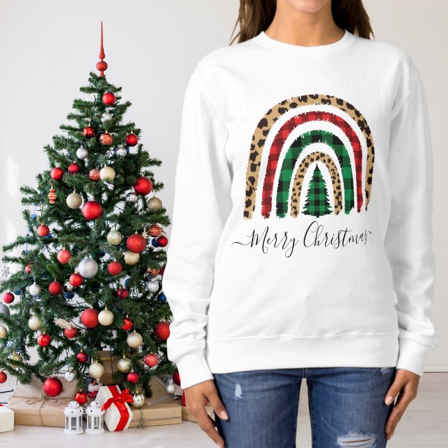 Sweatshirt Joyeux Noël Plaid et Empreinte de léopard Rainbow (Créateur téléchargé)