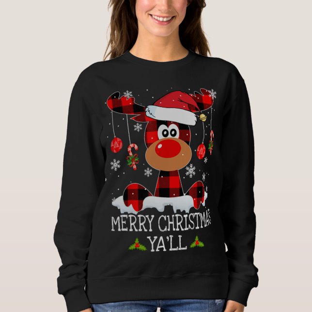 Sweatshirt Joyeux Noël Ya'll Buffalo Red Plaid Reindeer S (Devant)