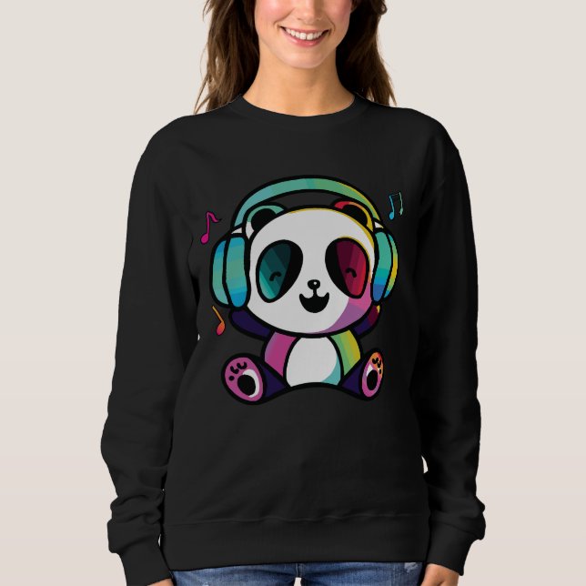 Sweatshirt Joyeux Panda avec écouteurs écoutant de la musique (Devant)